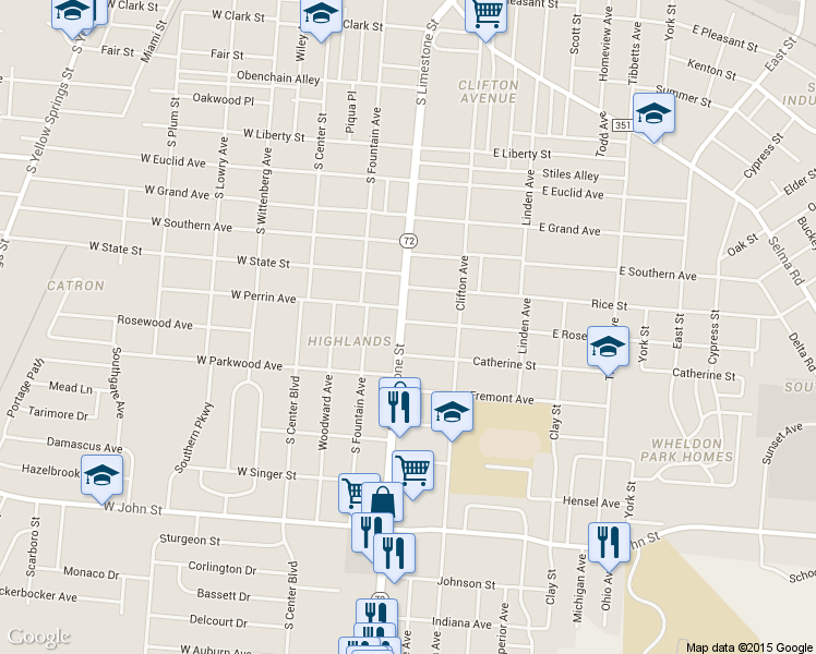 map of restaurants, bars, coffee shops, grocery stores, and more near 1402 South Limestone Street in Springfield