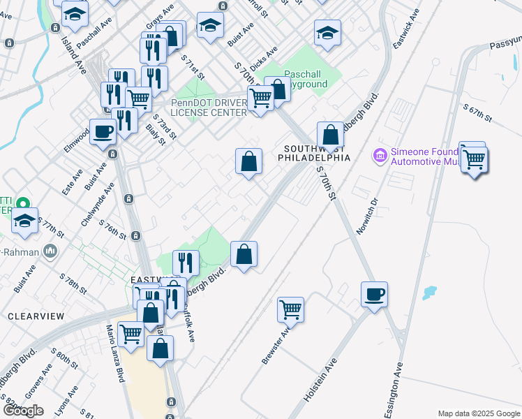 map of restaurants, bars, coffee shops, grocery stores, and more near 7223 Lindbergh Boulevard in Philadelphia