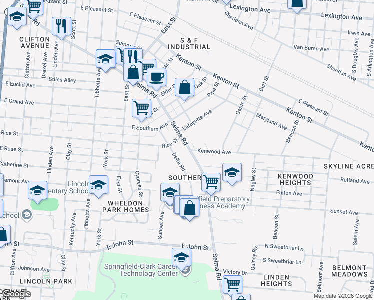 map of restaurants, bars, coffee shops, grocery stores, and more near 1240 Selma Road in Springfield