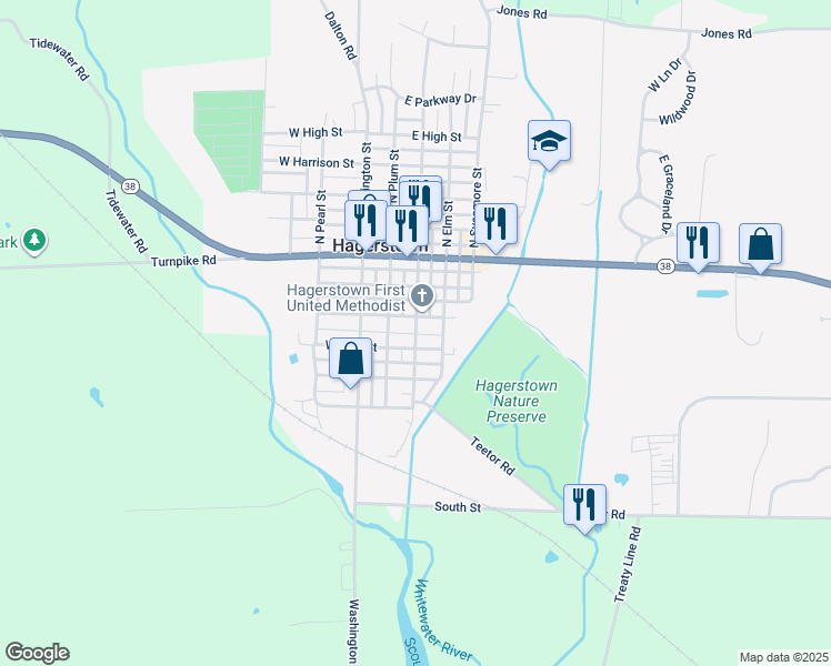 map of restaurants, bars, coffee shops, grocery stores, and more near South Perry Street in Hagerstown