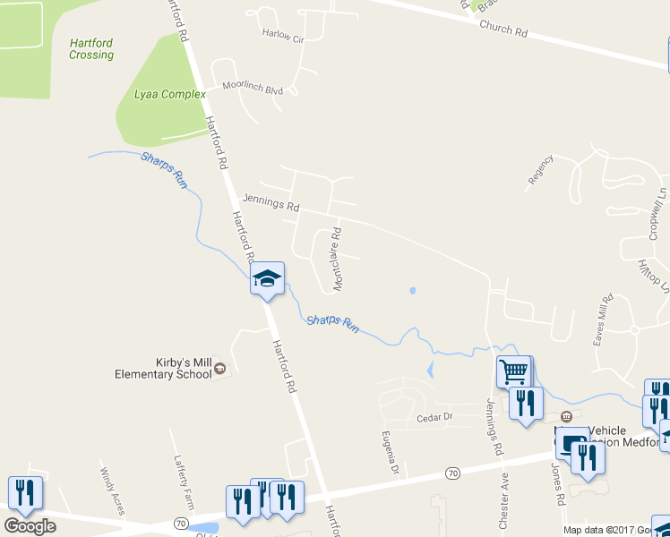 map of restaurants, bars, coffee shops, grocery stores, and more near 14 Montclaire Road in Medford