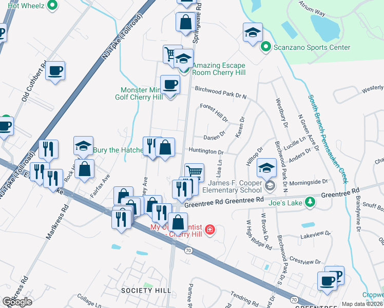 map of restaurants, bars, coffee shops, grocery stores, and more near 2 Forest Hill Drive in Cherry Hill
