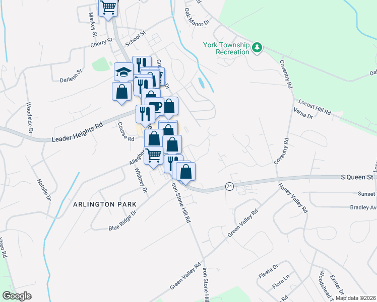 map of restaurants, bars, coffee shops, grocery stores, and more near 2723 South Queen Street in York