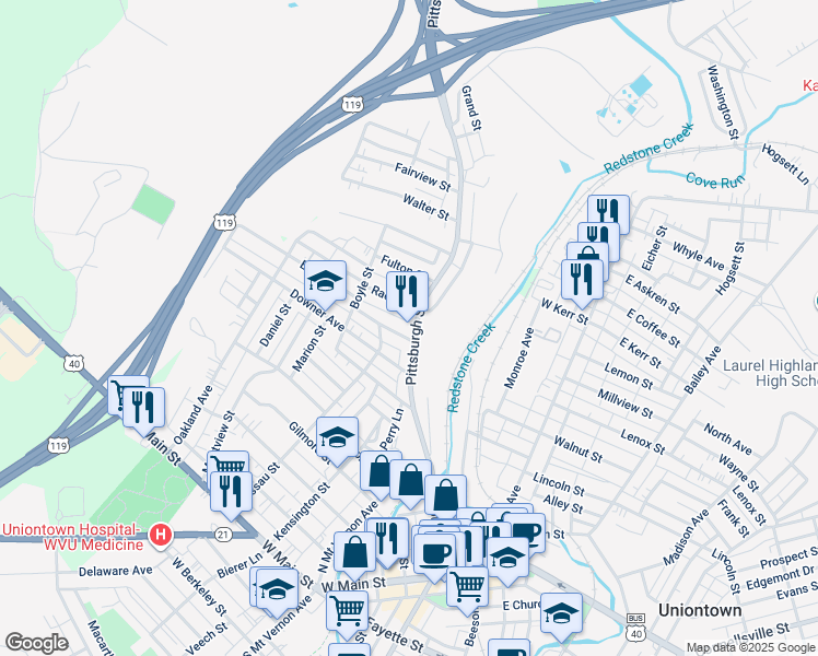 map of restaurants, bars, coffee shops, grocery stores, and more near 221 Pittsburgh Street in Uniontown