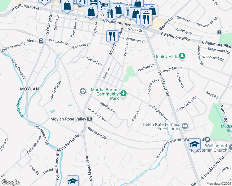 map of restaurants, bars, coffee shops, grocery stores, and more near 510 Wallingford Avenue in Media