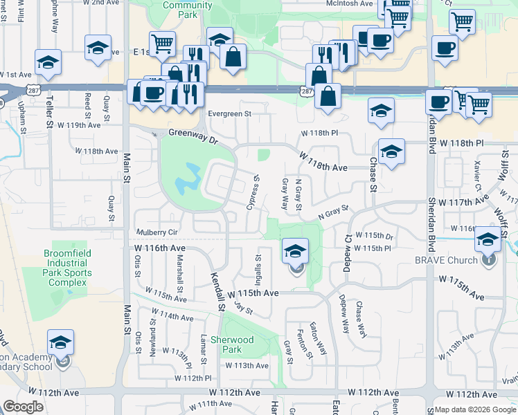 map of restaurants, bars, coffee shops, grocery stores, and more near 464 Hickory Place in Broomfield