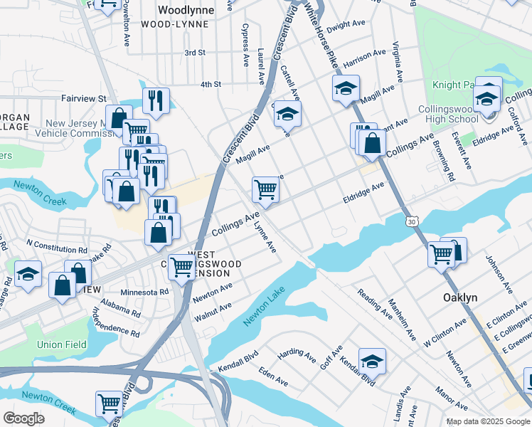 map of restaurants, bars, coffee shops, grocery stores, and more near 555 Champion Avenue in Oaklyn