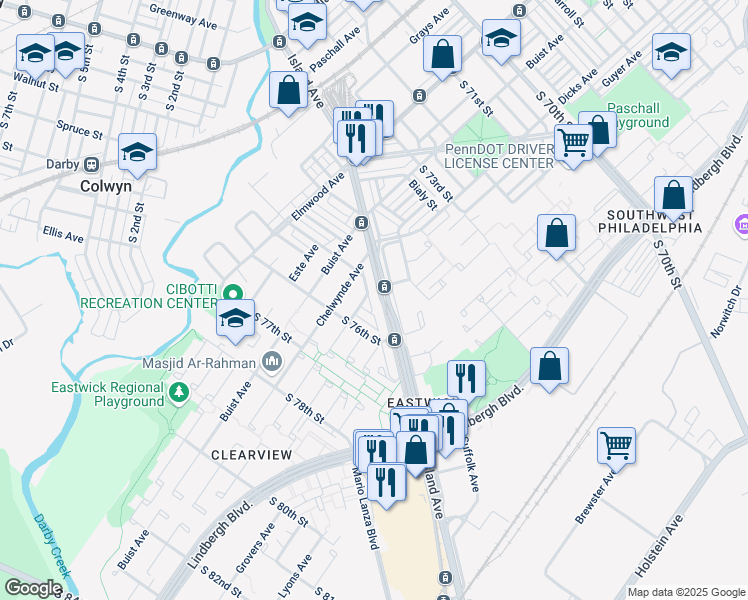map of restaurants, bars, coffee shops, grocery stores, and more near 7507 South 75th Street in Philadelphia