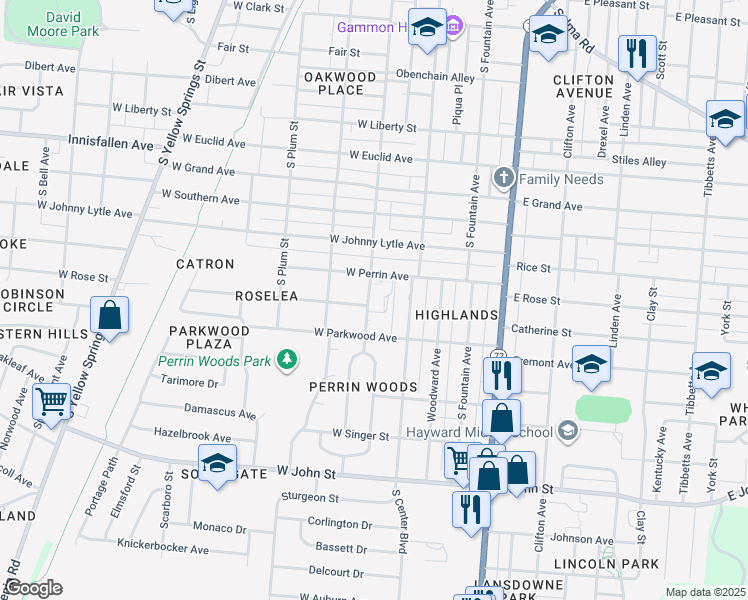 map of restaurants, bars, coffee shops, grocery stores, and more near 201 West Perrin Avenue in Springfield