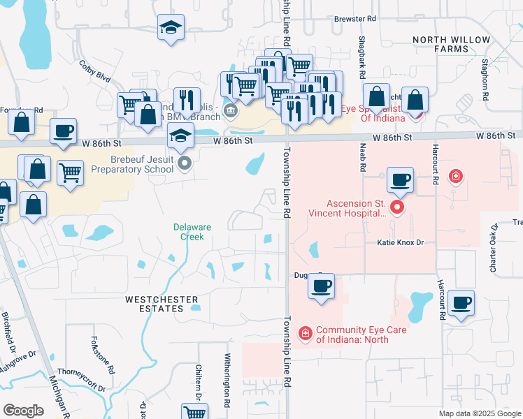 map of restaurants, bars, coffee shops, grocery stores, and more near 2520 Summer Drive in Indianapolis