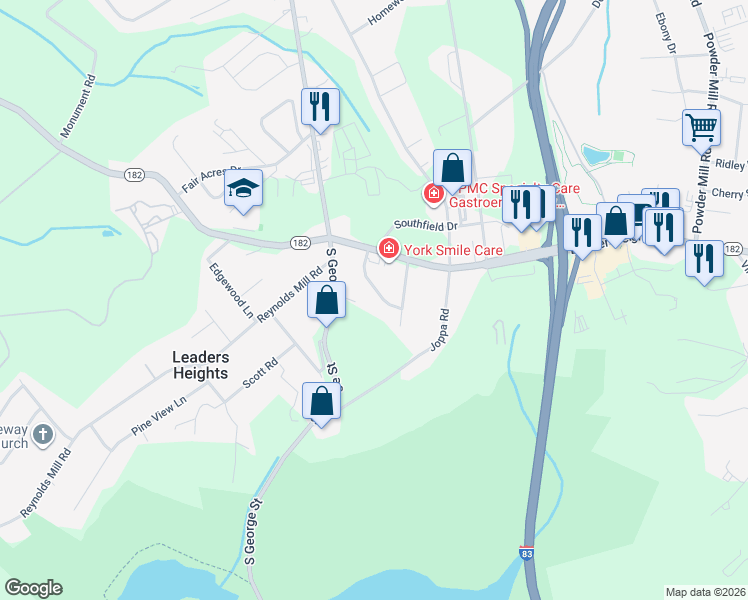 map of restaurants, bars, coffee shops, grocery stores, and more near 2620 Wren Terrace in York