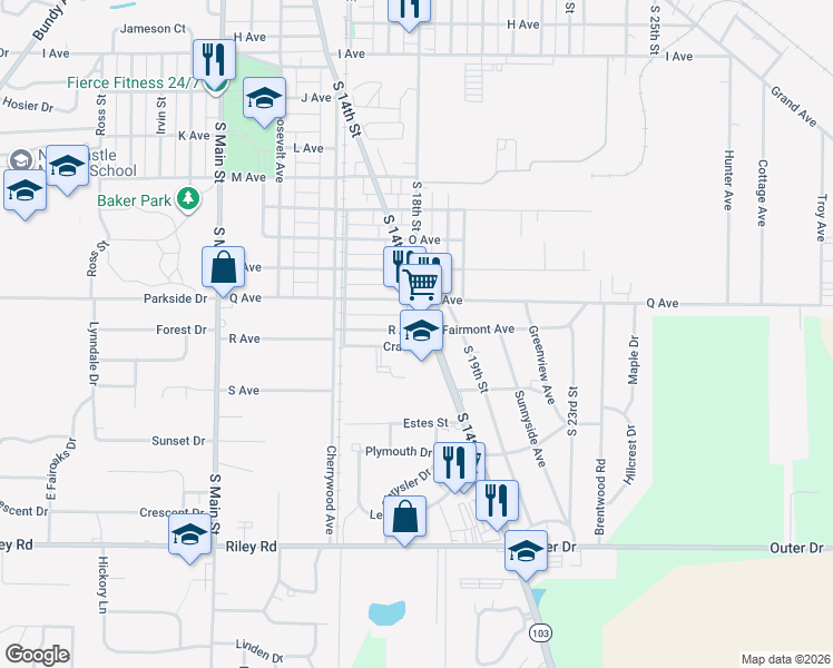 map of restaurants, bars, coffee shops, grocery stores, and more near 1674 R Avenue in New Castle