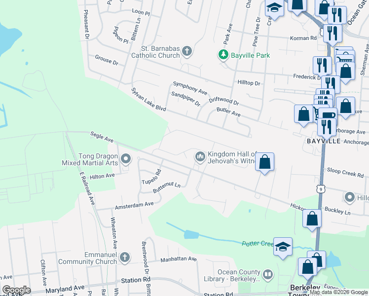 map of restaurants, bars, coffee shops, grocery stores, and more near 18 Bridle Path in Berkeley Township