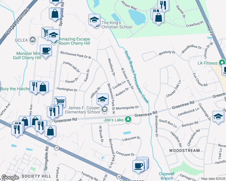 map of restaurants, bars, coffee shops, grocery stores, and more near 1966 Birchwood Park Drive North in Cherry Hill