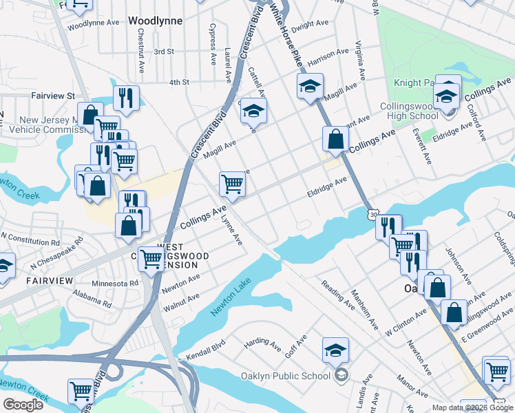 map of restaurants, bars, coffee shops, grocery stores, and more near 918 West Collings Avenue in Oaklyn