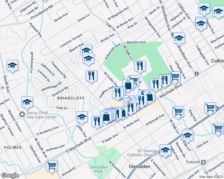 map of restaurants, bars, coffee shops, grocery stores, and more near 1032 Hopkins Avenue in Glenolden