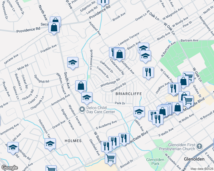 map of restaurants, bars, coffee shops, grocery stores, and more near 224 Westbridge Road in Glenolden