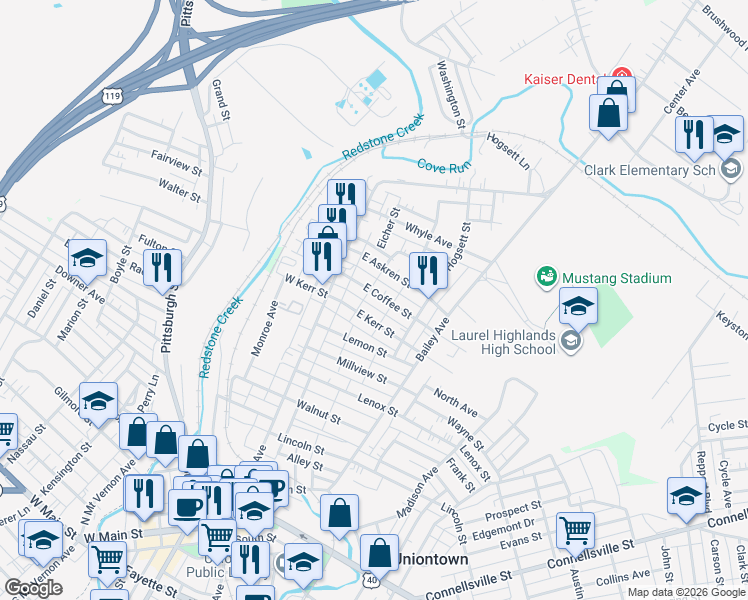 map of restaurants, bars, coffee shops, grocery stores, and more near 137 East Coffee Street in Uniontown