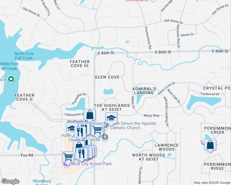 map of restaurants, bars, coffee shops, grocery stores, and more near 8382 Glen Highlands Drive in Indianapolis