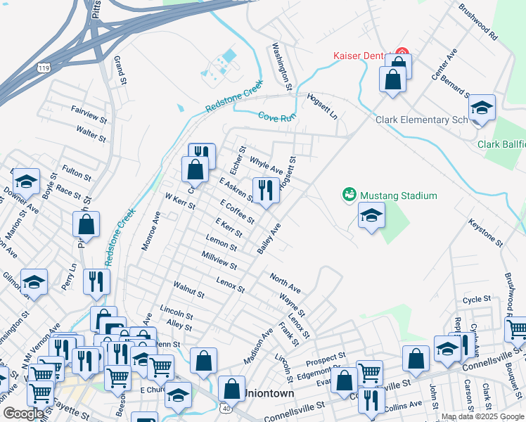 map of restaurants, bars, coffee shops, grocery stores, and more near 188 Askren Street in Uniontown