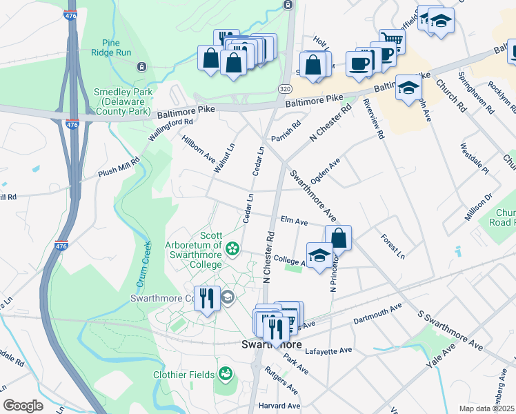 map of restaurants, bars, coffee shops, grocery stores, and more near 409 Elm Avenue in Swarthmore