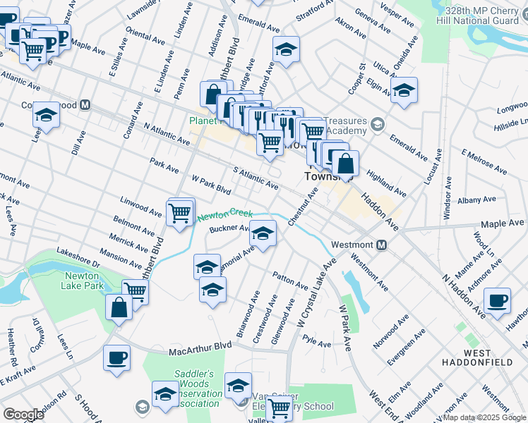 map of restaurants, bars, coffee shops, grocery stores, and more near 114 West Park Boulevard in Collingswood