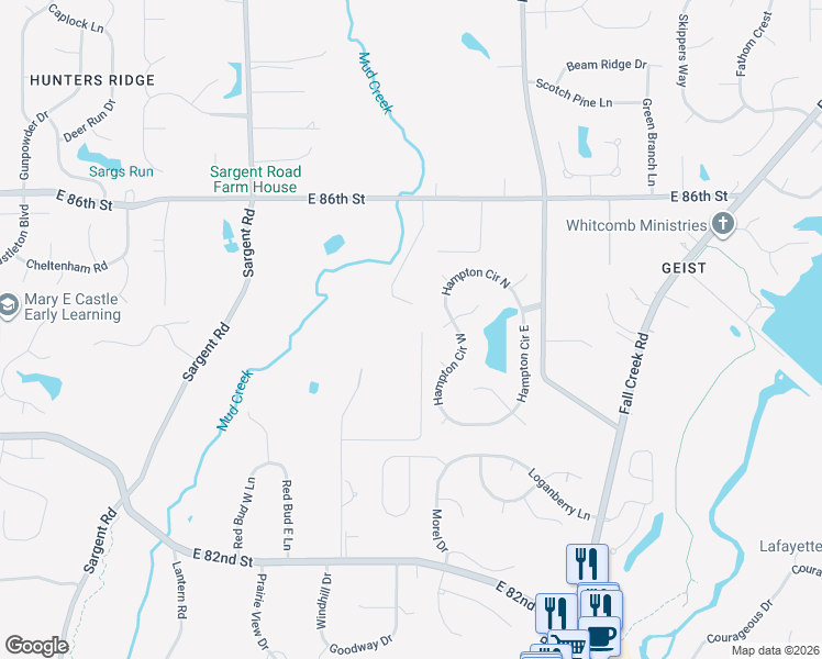 map of restaurants, bars, coffee shops, grocery stores, and more near 9501 East 86th Street in Indianapolis