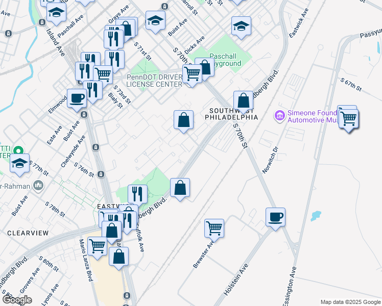 map of restaurants, bars, coffee shops, grocery stores, and more near 7223 Lindbergh Boulevard in Philadelphia