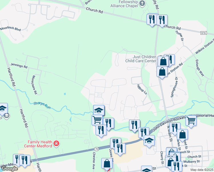 map of restaurants, bars, coffee shops, grocery stores, and more near 34 Hastings Avenue in Medford