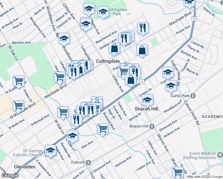 map of restaurants, bars, coffee shops, grocery stores, and more near 79 Frances Avenue in Sharon Hill