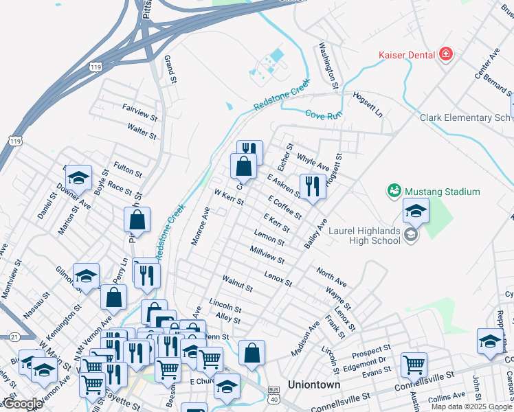 map of restaurants, bars, coffee shops, grocery stores, and more near 232 North Gallatin Avenue in Uniontown