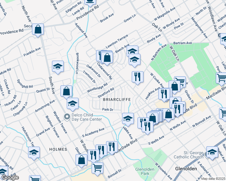 map of restaurants, bars, coffee shops, grocery stores, and more near 215 Stratford Road in Glenolden