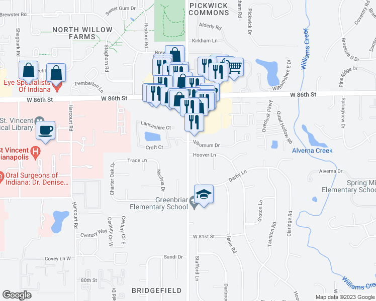 map of restaurants, bars, coffee shops, grocery stores, and more near Ditch Road in Indianapolis