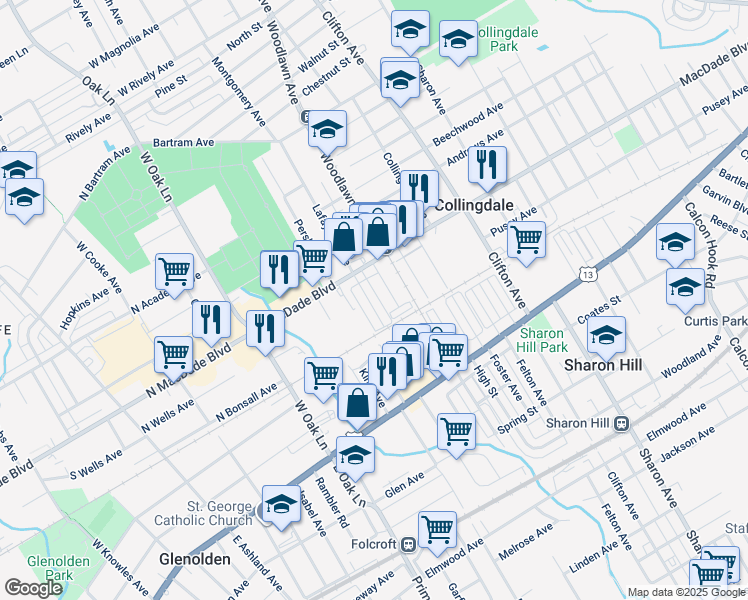 map of restaurants, bars, coffee shops, grocery stores, and more near 137 Lafayette Avenue in Collingdale