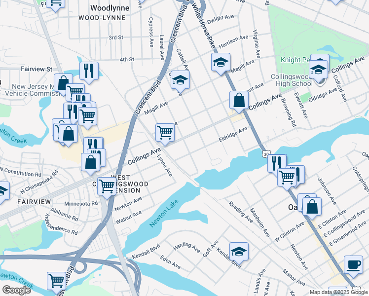 map of restaurants, bars, coffee shops, grocery stores, and more near 918 West Collings Avenue in Oaklyn