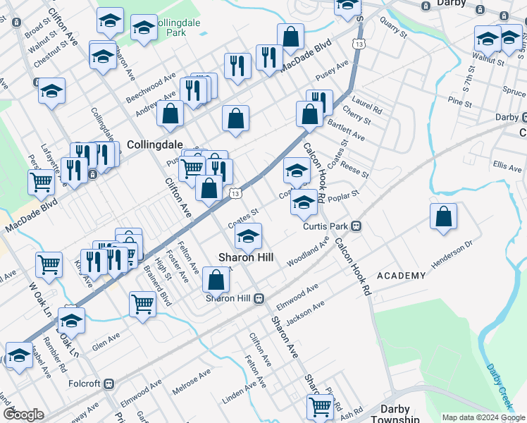 map of restaurants, bars, coffee shops, grocery stores, and more near 927 Coates Street in Sharon Hill