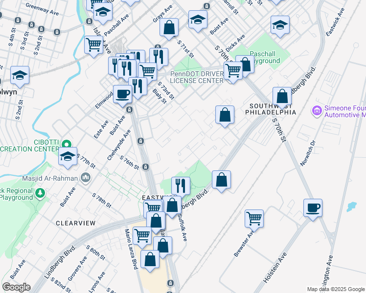 map of restaurants, bars, coffee shops, grocery stores, and more near 7402 Lapwing Pl in Philadelphia