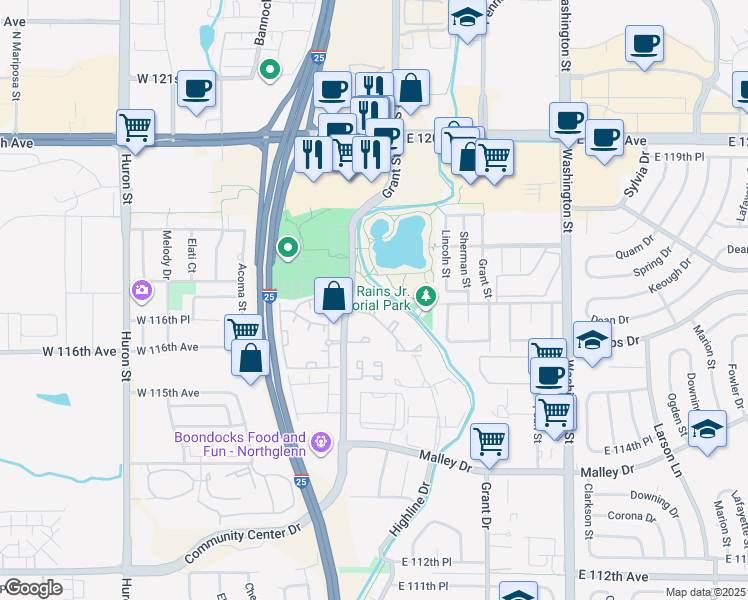 map of restaurants, bars, coffee shops, grocery stores, and more near 11674 Community Center Drive in Northglenn