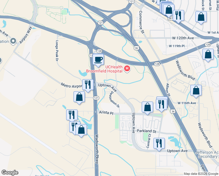 map of restaurants, bars, coffee shops, grocery stores, and more near 11697 Destination Drive in Broomfield