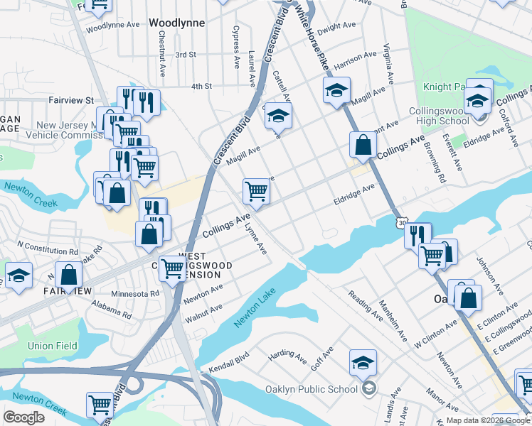 map of restaurants, bars, coffee shops, grocery stores, and more near 1016 West Collings Avenue in Oaklyn