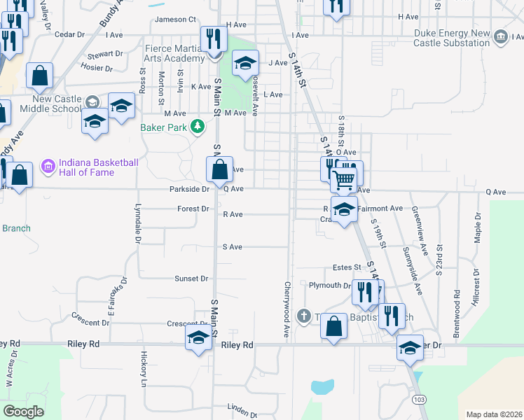 map of restaurants, bars, coffee shops, grocery stores, and more near 1324 R Avenue in New Castle