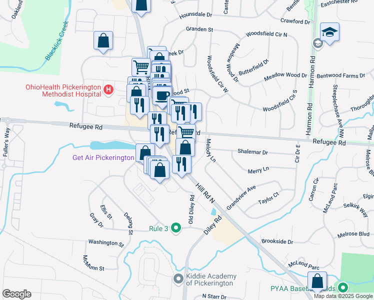 map of restaurants, bars, coffee shops, grocery stores, and more near 873 Refugee Road in Pickerington