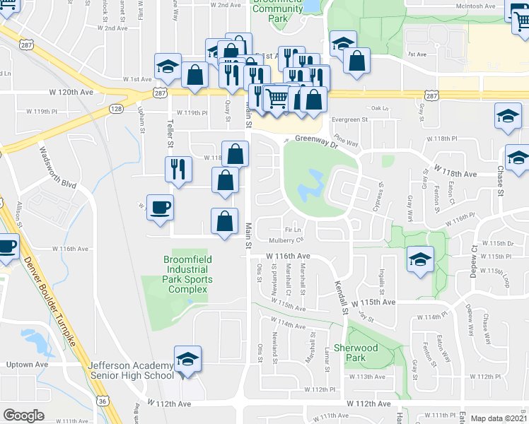 map of restaurants, bars, coffee shops, grocery stores, and more near 227 Redwood Circle in Broomfield