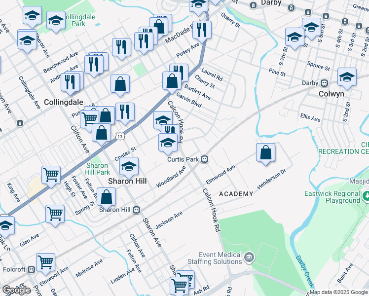 map of restaurants, bars, coffee shops, grocery stores, and more near 742 Poplar Street in Sharon Hill