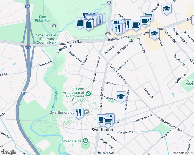 map of restaurants, bars, coffee shops, grocery stores, and more near 409 Elm Avenue in Swarthmore