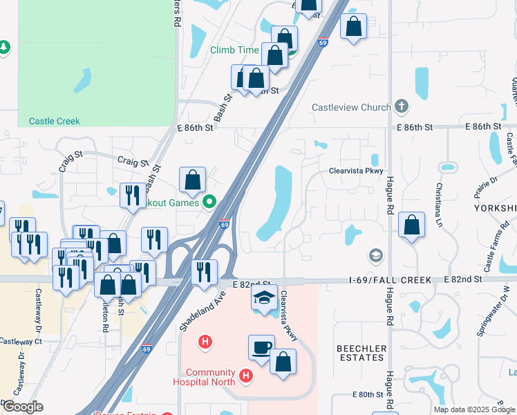 map of restaurants, bars, coffee shops, grocery stores, and more near 8405 Clearvista Place in Indianapolis