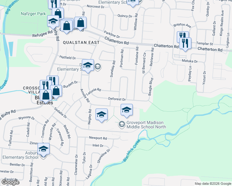 map of restaurants, bars, coffee shops, grocery stores, and more near 3182 Latonia Road in Columbus