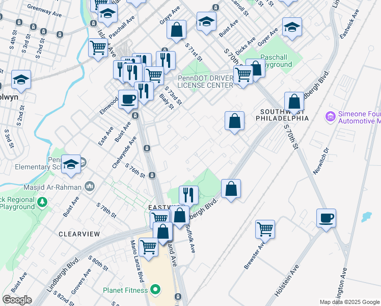 map of restaurants, bars, coffee shops, grocery stores, and more near 7405 Lapwing Pl in Philadelphia