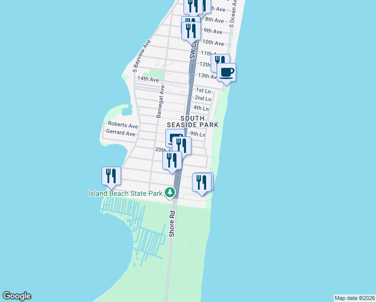 map of restaurants, bars, coffee shops, grocery stores, and more near 39 11th Lane in Seaside Park