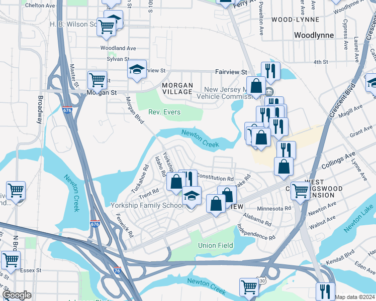 map of restaurants, bars, coffee shops, grocery stores, and more near 2744 North Congress Road in Camden